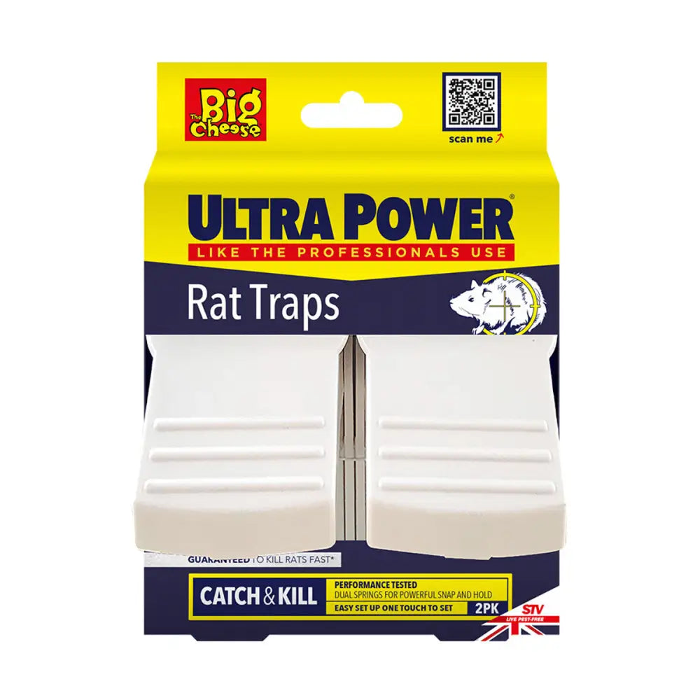 White plastic stv ultra power rat traps in yellow and navy blue package with one-touch trap setting for easy use