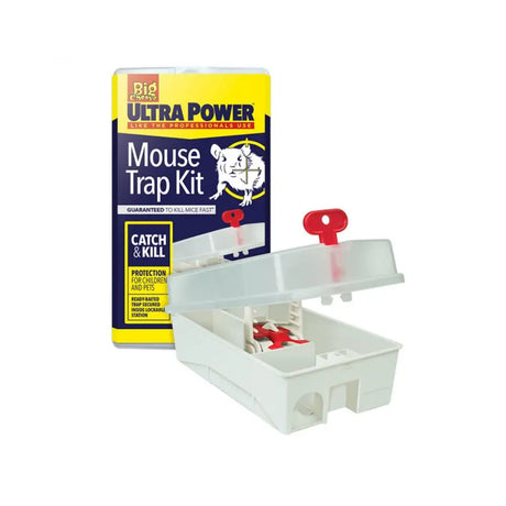 Stv ultra power trap kit with white plastic mouse trap red trigger levers and yellow blue big cheese box