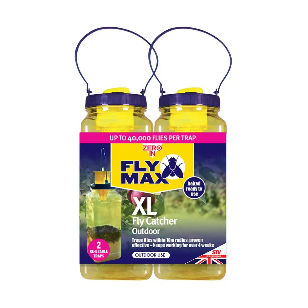 Two yellow plastic stv xl fly catcher outdoor traps with purple lids and black handles for 10m radius use