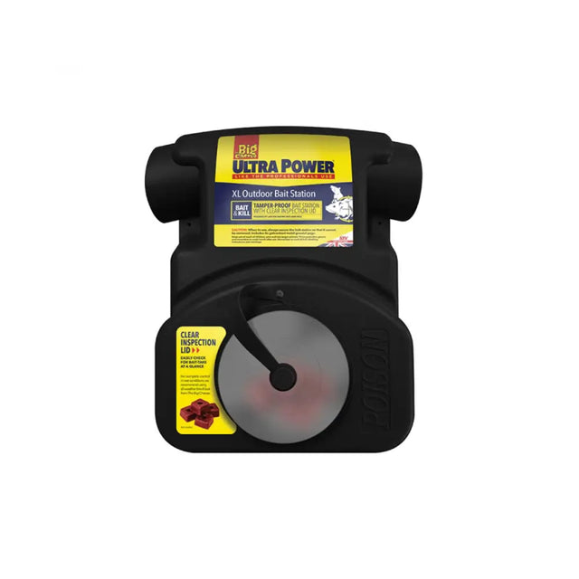 Black plastic stv xl outdoor tamper-proof bait station with clear inspection lid and yellow labeling for outdoor use