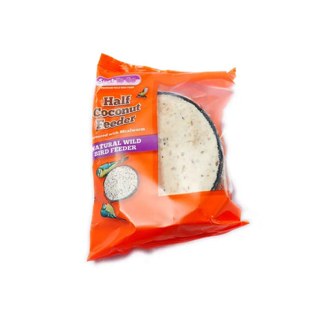 Orange half coconut feeder with natural white interior and black rim branded start to go for high energy mealworm use
