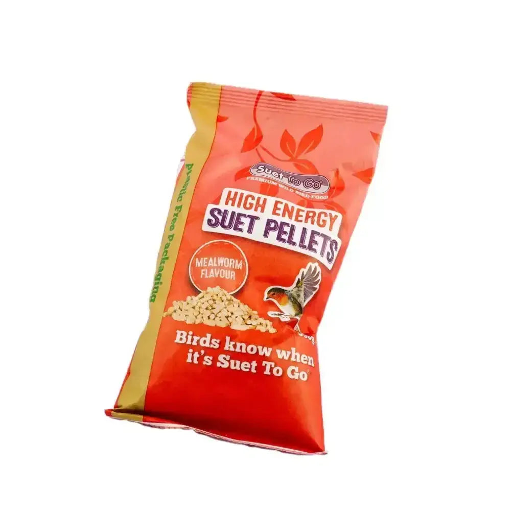 A vibrant red and yellow bag of suet to go high energy suet pellets mealworm with a bird illustration on the packaging