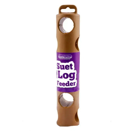 Brown plastic suet log feeder with purple label and circular openings designed for nutritious suet logs