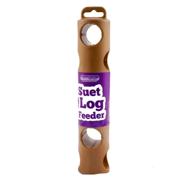 Brown plastic suet log feeder with purple label and circular openings designed for nutritious suet logs