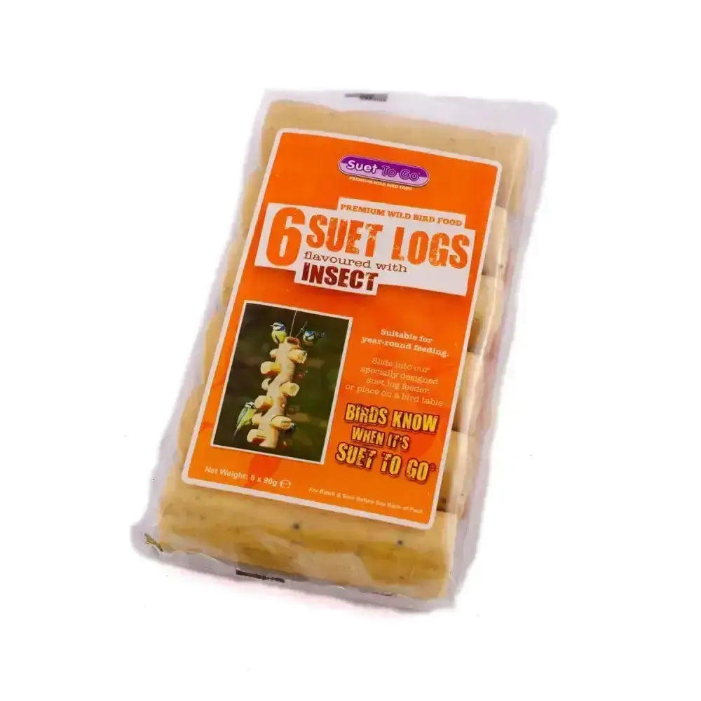 A package of six beige suet logs insect flavored by suet to go providing wild birds essential fats needed