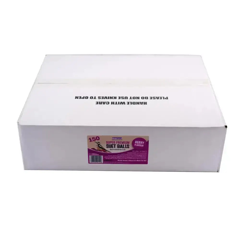 White cardboard box of suet to go super premium suet balls berry with 150 berry flavored balls for providing wild birds