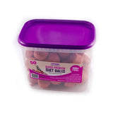 A clear plastic container with a purple lid holds 50 individually wrapped super premium suet balls berry for providing wild birds