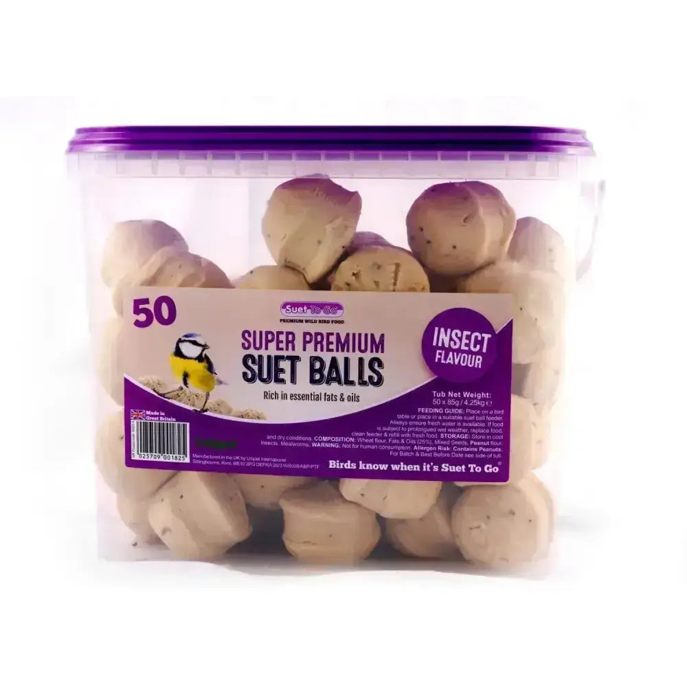 A clear plastic tub with a purple lid containing 50 beige super premium suet balls insect flavor from suet to go