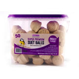 A clear plastic tub with a purple lid containing 50 beige super premium suet balls insect flavor from suet to go