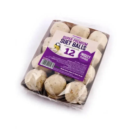 A package of twelve white round super premium suet balls with a purple and beige label for suet balls insect feeding