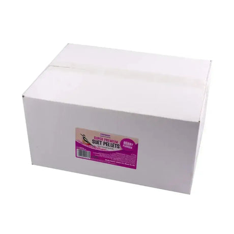 White cardboard box of specially formulated super premium suet pellets berry with pink and purple label