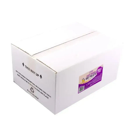 White cardboard box of suet to go super premium suet pellets insect with purple beige label for wild bird feed only