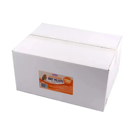 White cardboard box of super premium suet pellets mealworm with orange and brown label featuring a bird illustration