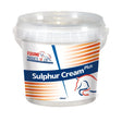 White plastic bucket with clear lid labeled sulphur cream plus by equine products uk ltd featuring methyl sulphonyl methane zinc oxide skin conditioning emulsion