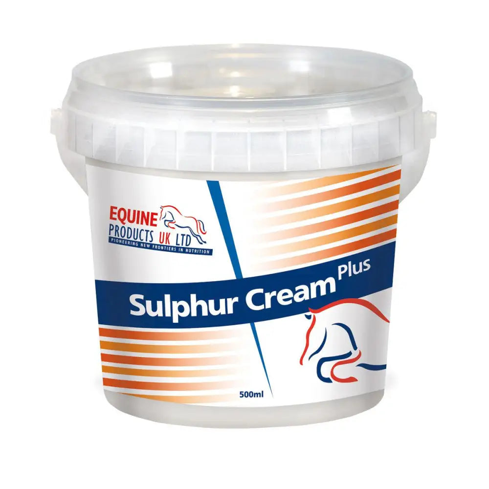 White plastic bucket with clear lid labeled sulphur cream plus by equine products uk ltd skin conditioning emulsion