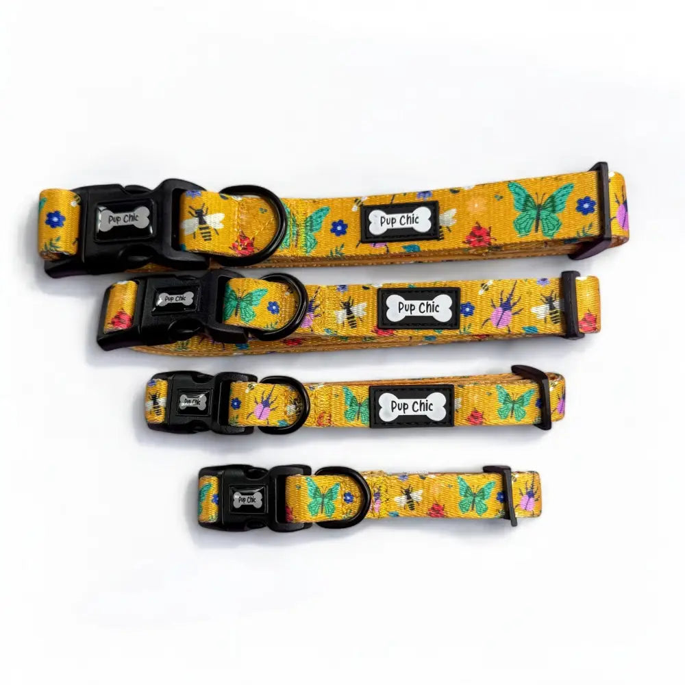 Yellow summer buzzin dog collar with playful butterfly and bee pattern black buckle bone tag for toy poodles