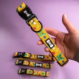 Yellow floral and insect pattern summer buzzin dog collar with black plastic buckle by pup chic for toy poodles