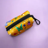 Summer buzzin mustard yellow fabric poo bag holder with butterfly and beetle pattern for easy dog walks