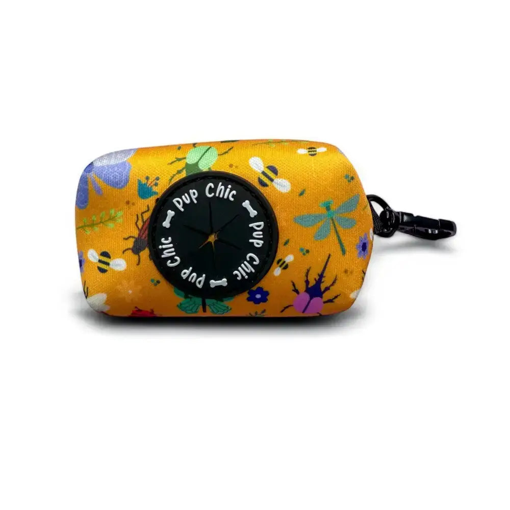 Vibrant mustard yellow summer buzzin poo bag holder with playful insect pattern and pup chic black branded top for dog walks