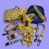 Yellow butterfly patterned dog harness with mesh panels and black buckles perfect for summer buzzin dog walks in mustard yellow