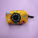 Summer buzzin mustard yellow fabric dog waste bag dispenser with pup chic logo for easy dog walks with colorful insects