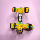 A vibrant yellow floral summer buzzin puppy strap harness with black buckles and bone-shaped tag for teacup puppies