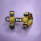 Summer buzzin yellow floral puppy strap harness with black buckles and bone shaped pup chic tag for teacup puppies