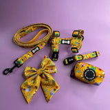 Yellow pup chic summer buzzin teacup puppies strap harness set with floral insect pattern and black hardware accents