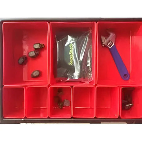 Red plastic sturdy stud box organizer tray with compartments holding tools from supastud stud kits award winning studstasha