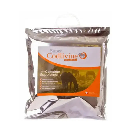 Silver foil pouch containing super codlivine broad spectrum complete supplement supports horses health and performance