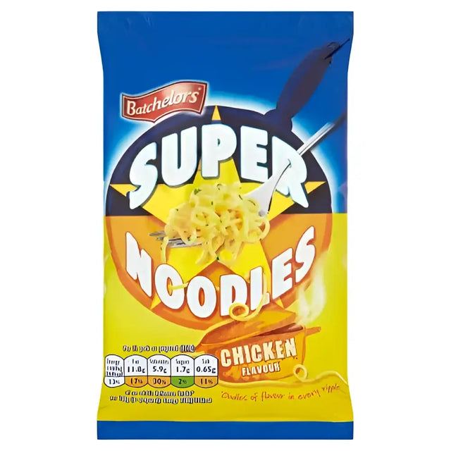 Batchelors super noodles chicken flavour in vibrant blue and yellow pouch with noodle fork graphic perfect for quick meals