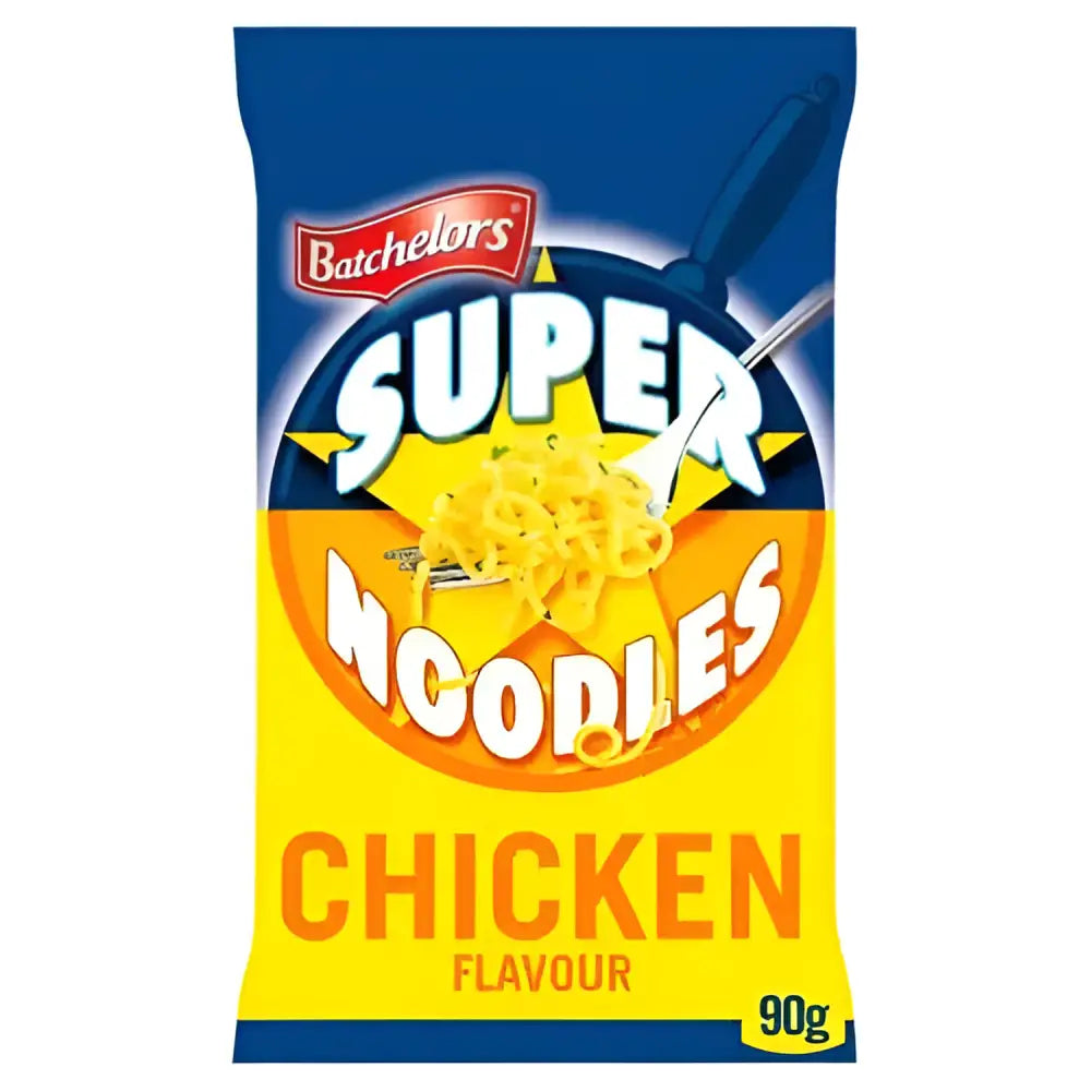 Batchelors super noodles chicken flavour in bright blue and yellow pouch with noodles stirred graphic perfect for tuck shop snacks