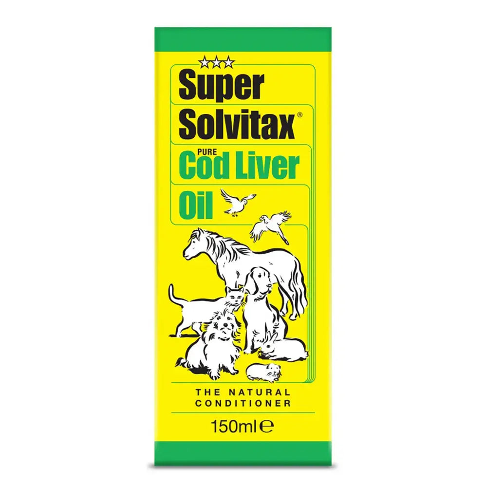 Bright yellow rectangular bottle of super solvitax cod liver oil 150ml with green trim and cartoon animals label