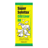 Bright yellow rectangular bottle of super solvitax cod liver oil 150ml with green trim and cartoon animals label