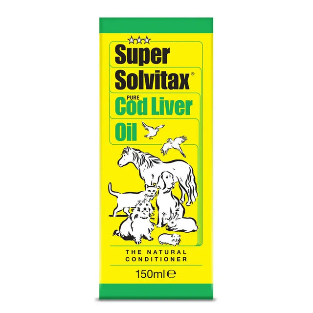 Bright yellow rectangular bottle of super solvitax cod liver oil 150ml with green trim and cartoon animals label