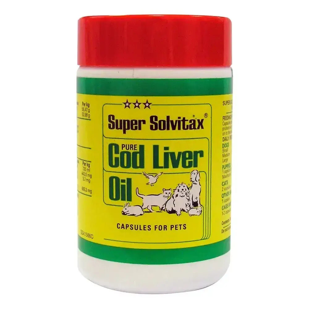 A white plastic bottle with red cap and yellow label showing super solvitax cod liver oil capsules for pets with dogs cats birds