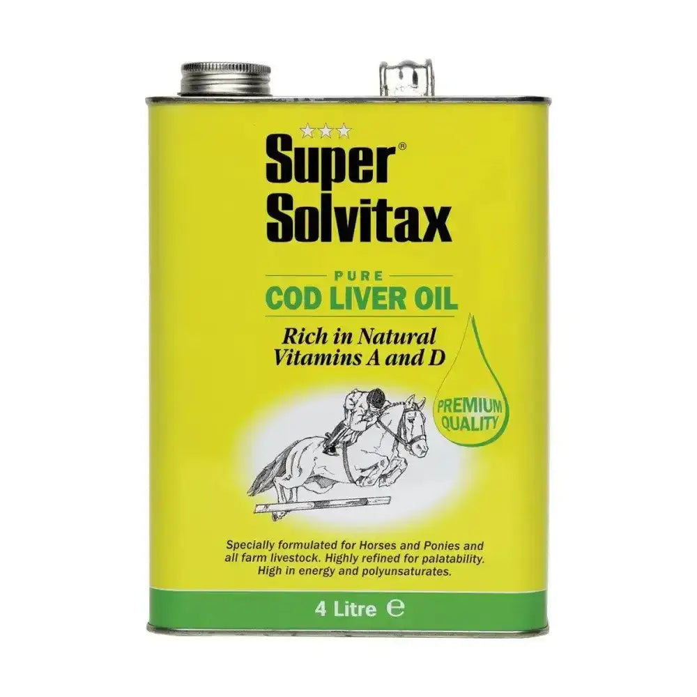 Bright yellow metal can of super solvitax cod liver oil 4 litre polyunsaturated oil for health benefits