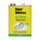 Bright yellow metal can of super solvitax cod liver oil 4 litre polyunsaturated oil for health benefits