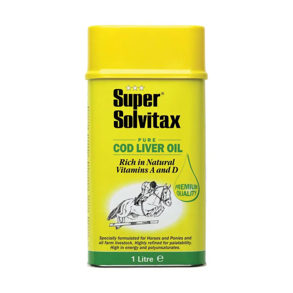 Yellow cylindrical container of super solvitax cod liver oil 1 litre polyunsaturated oil for health benefits