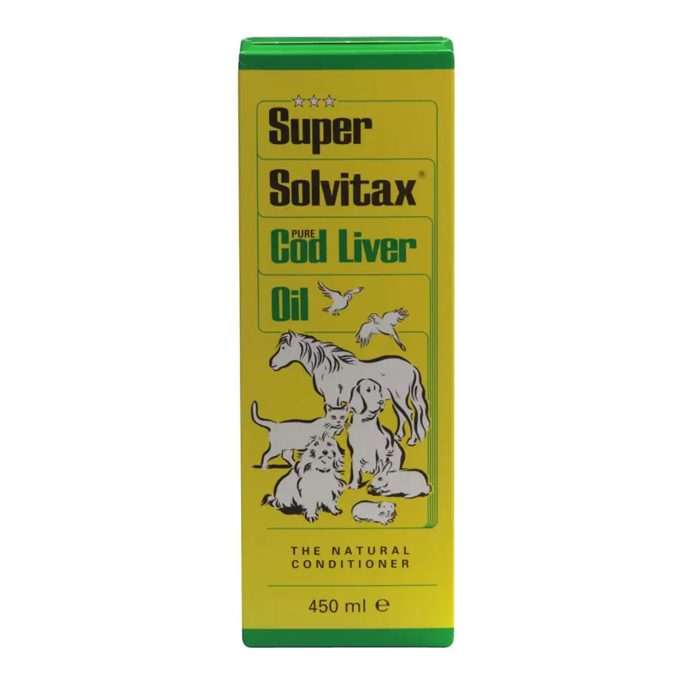 Yellow and green rectangular box of super solvitax cod liver oil 450 ml rich in polyunsaturated oil and nutrients