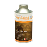 A metallic can of super supplement cod liver oil with garlic featuring an orange brown label and horse silhouette