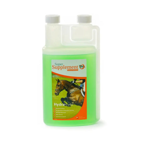 A translucent plastic bottle of super supplement hydra-lyte with bright green liquid for horse electrolytes and rehydration therapy
