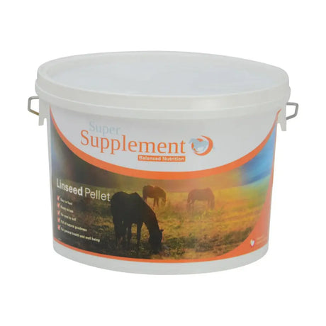 White plastic bucket with orange and blue label of super supplement linseed pellets showing horses grazing in field