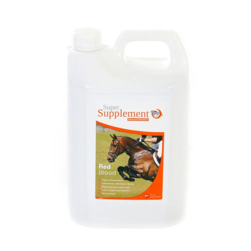 White plastic jug with handle labeled super supplement red blood supporting red cell production for horses