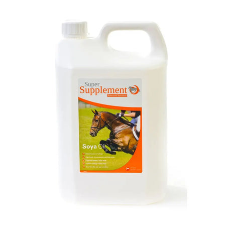 White plastic jug of super supplement soya oil with orange green label featuring a horse and polyunsaturated fatty acids