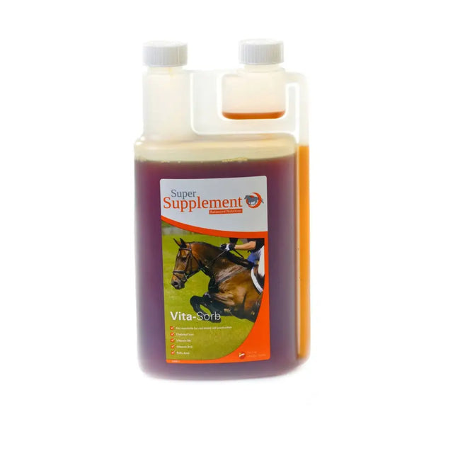A clear plastic bottle with white cap containing amber super supplement vita-sorb in chelated form for maximum absorption