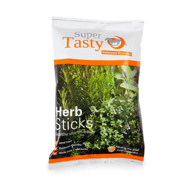 Super tasty herb sticks package with vibrant green herb image on white and orange pouch for horse treats