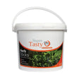 White plastic bucket with handle labeled super tasty herb sticks in orange and black for tasty herb sticks horse treats
