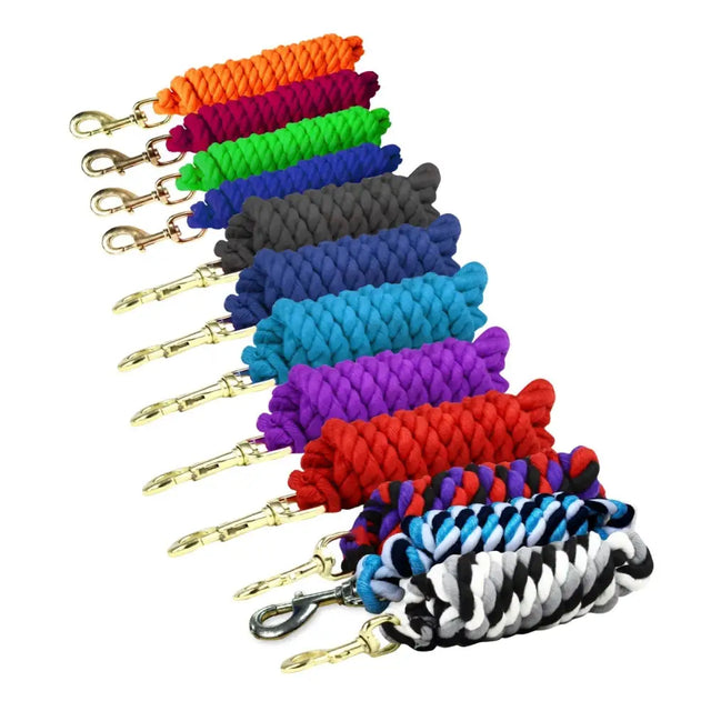 A vibrant superfine cotton lead rope braided in solid and striped colors with gold-toned metal snap hooks