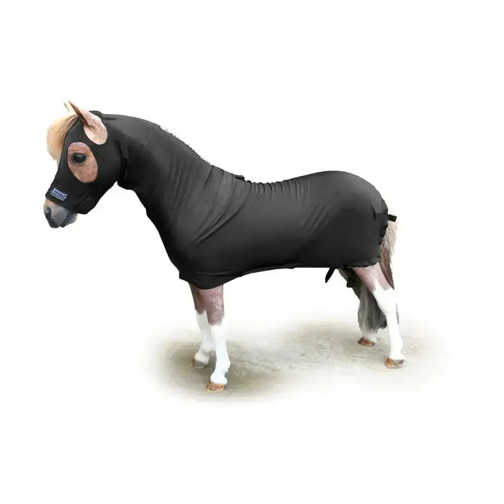 Black supreme mini body horse blanket with elasticated edges and adjustable straps for a snug fit